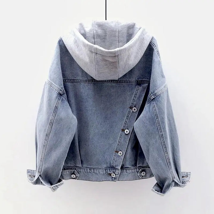 Korean Fashion Loose Denim Jacket Women 2025 Autumn Spring BF Patchwork Hooded Coats Streetwear Pocket Single Breasted Outerwear