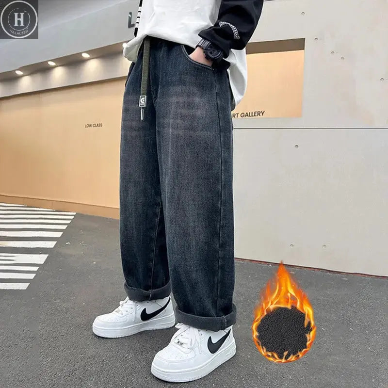 Kids Autumn Winter Fleece-lined Warm Denim Pants 5-14 Years Boys Fashion Letters Straight Loose Jeans Casual Sports Trousers HALALZEN