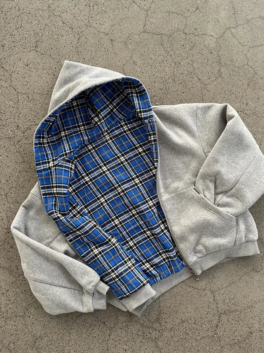 Casual Retro High Street Plaid Zipper Hoodie Women American Y2k Harajuku Fashion Brand Clothing Casual Oversized Sweatshirt Men