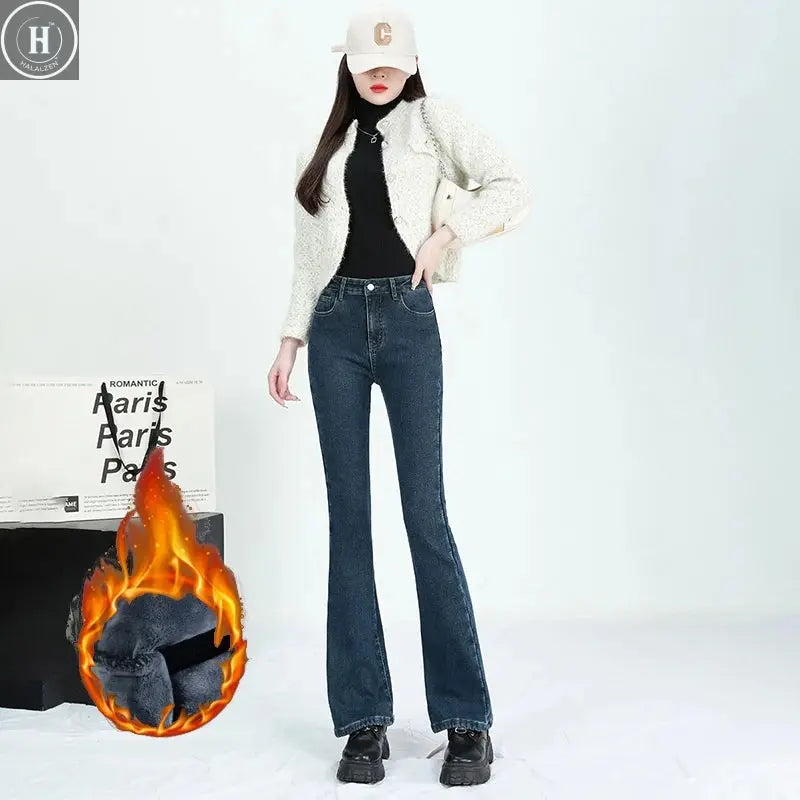 Winter Female Thin Snow Warm Plush Jeans Lady Chic Fleece Flared Pants Girls Korean High Waist Straight Leg Denim Trousers Halalzen UK