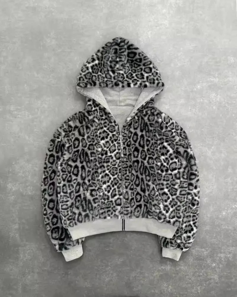 Y2k clothing Gothic leopard print double-sided oversized hoodie men's retro fashion loose zipper long sleeved sweatshirt