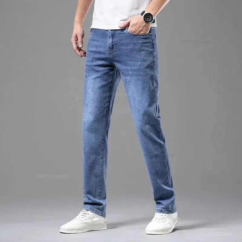 Summer Elastic Men's Jeans Fashion Gray Comfortable Business Straight Stretch Cotton Casual Denim Pants Brand Male Thin Trousers Halalzen UK
