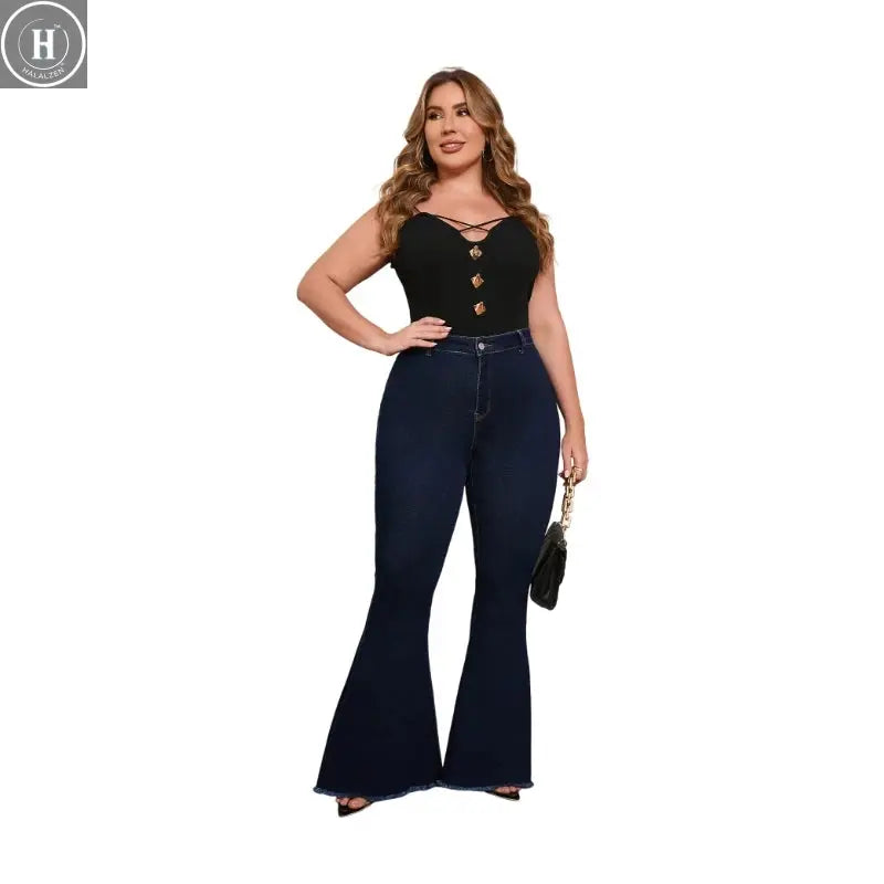 Full Figured Women’s Dark Wash High Waist Denim Pants Butt Lifting Bootcut Jeans Stretch Comfortable Everyday Clothing Halalzen UK