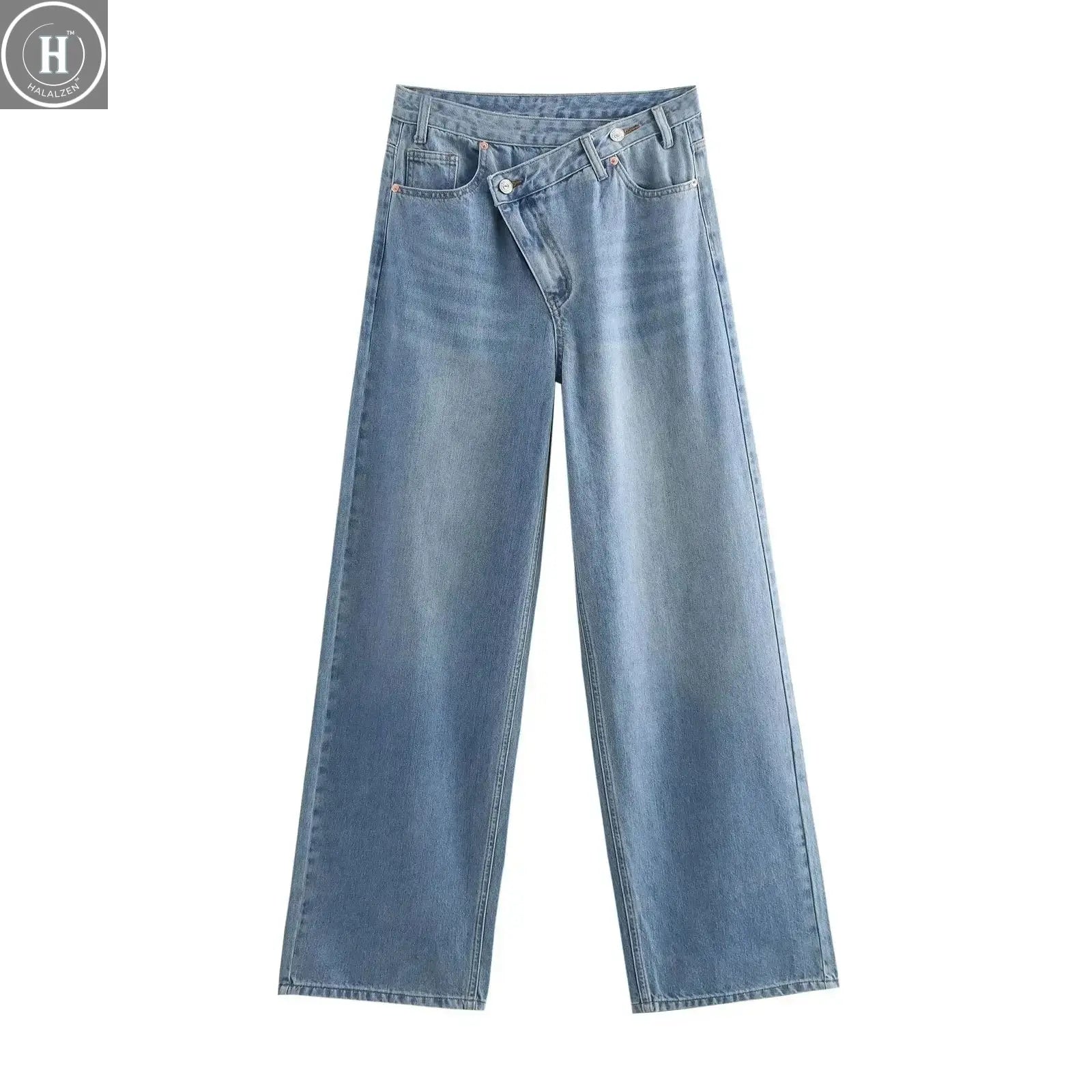 HH Women's Street Fashion Wide-leg Jeans Double-clad Pants With Pockets High Waist Solid Asymmetric Retro Straight Trousers Halalzen UK