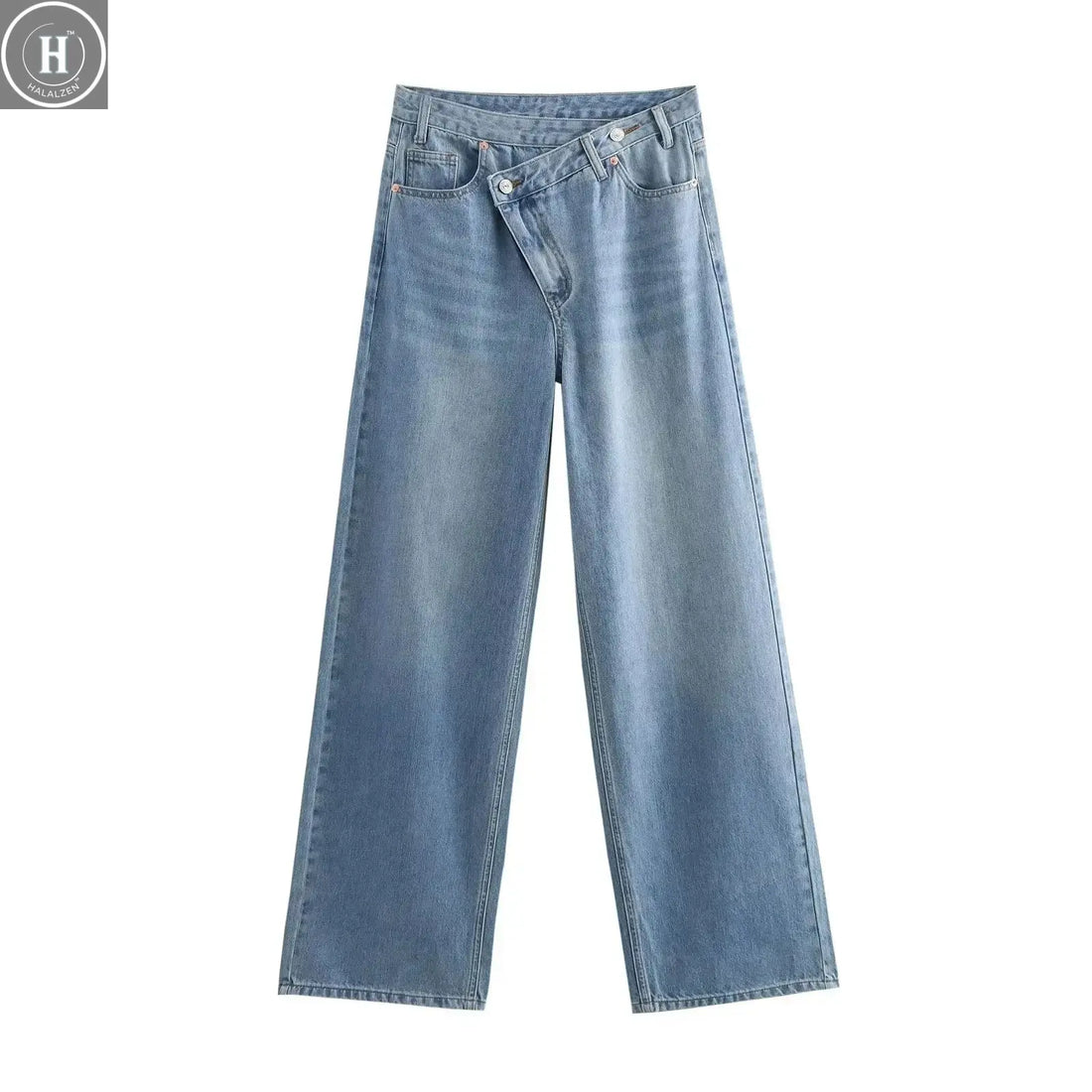 HH Women's Street Fashion Wide-leg Jeans Double-clad Pants With Pockets High Waist Solid Asymmetric Retro Straight Trousers Halalzen UK