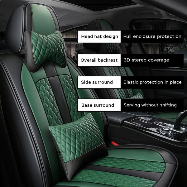 5 Sets Of Luxurious Universal Seat Covers In Black And Green Colors, Including Standard Waterproof Headrests And Lumbar Pillows