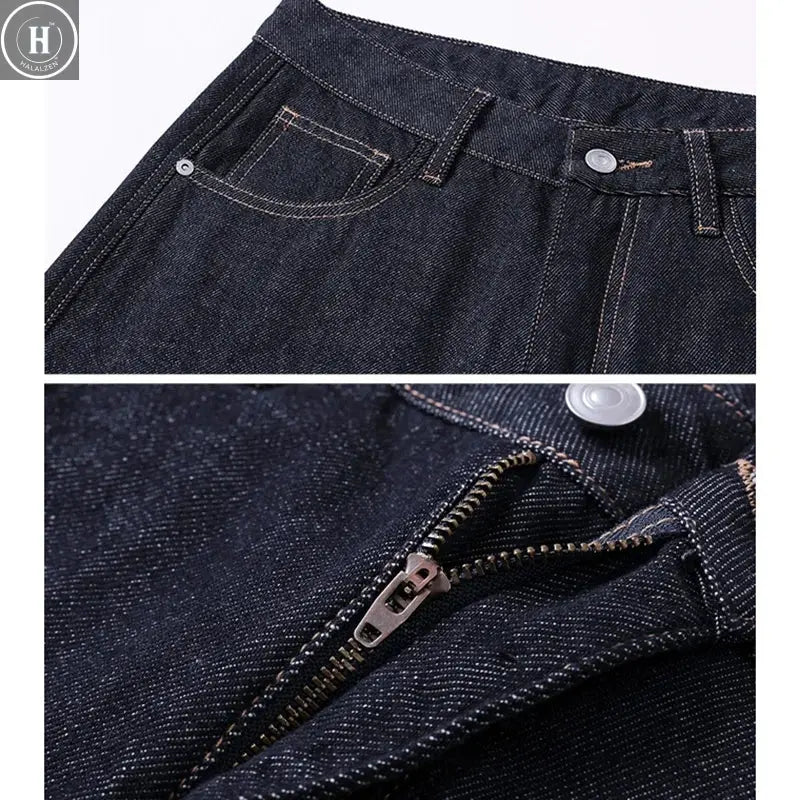 Men Fashion Baggy American Style Straight Winter Thermal Jeans Male New Thickened Windproof Full Length Wide Leg Long Trousers HALALZEN