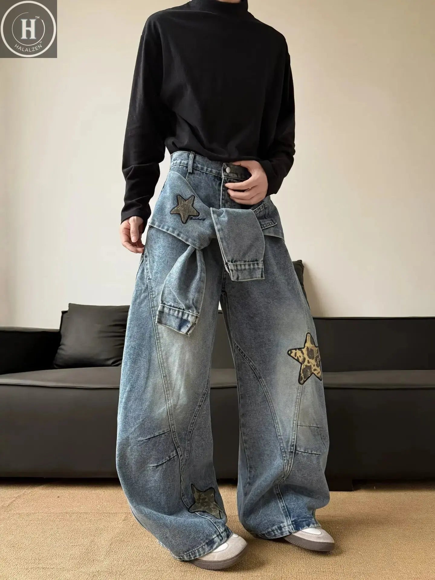 Men's Wide Leg Jeans with Patchwork Embroidery - Deconstructed Scimitar Straight Leg Pants, Button Closure Washed, Loose Fit Ame Halalzen UK