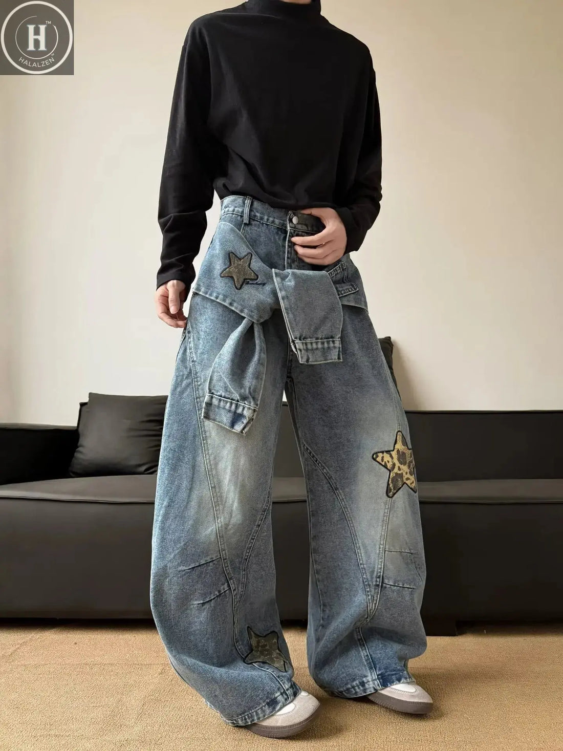 Men's Wide Leg Jeans with Patchwork Embroidery - Deconstructed Scimitar Straight Leg Pants, Button Closure Washed, Loose Fit Ame Halalzen UK