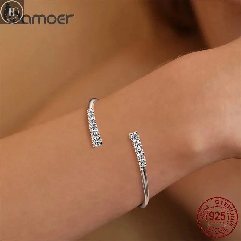 BAMOER 3.6CTTW Moissanite Bar Bracelet Adjustable Wrist Cuff Open Bangle 925 Sterling Silver for Women Wedding Gift Round Cut HALALZEN