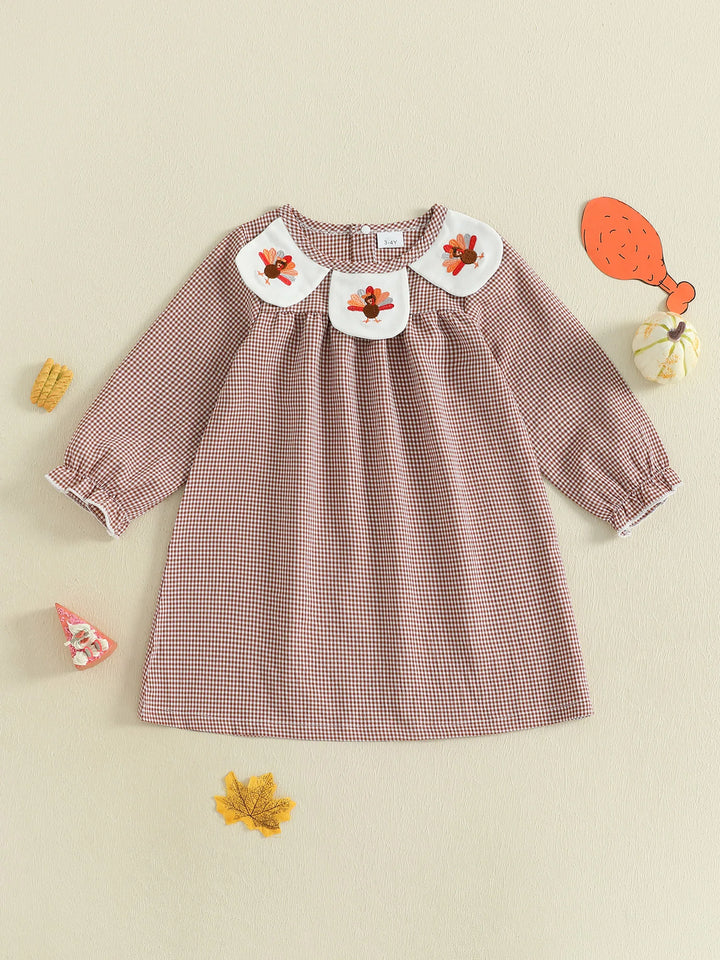 Women s Christmas Plaid Dress with Reindeer Embroidery and Round Neckline Long Sleeves A-Line Silhouette Festive Holiday