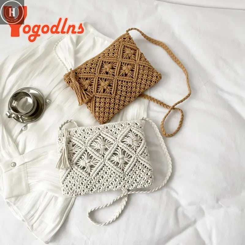 Summer Hollow Straw Bag For Women Tassel Decors Shoulder Messenger Bag Travel Beach Bag Daily Cotton Rope Crossbody Bag HALALZEN