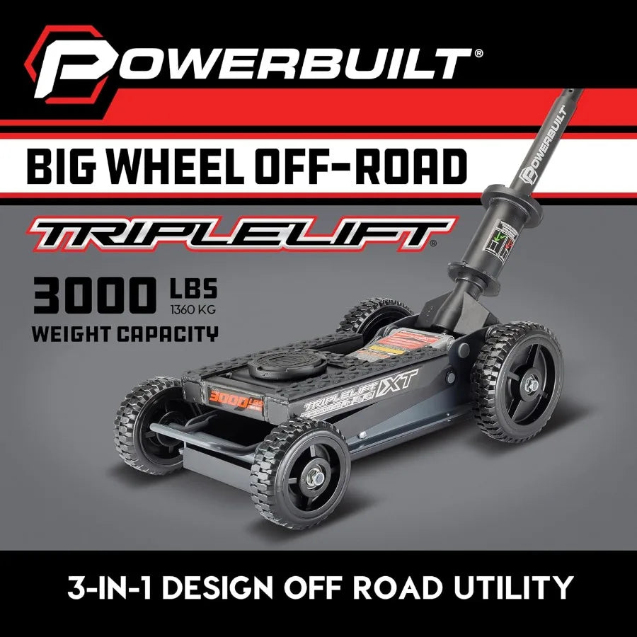Big Wheel Triple Lift Garage Jack 3000 Pound Off Road Lift for Trucks Cars and Motorcycles with 1.5 Ton Capacity Ideal for Heav
