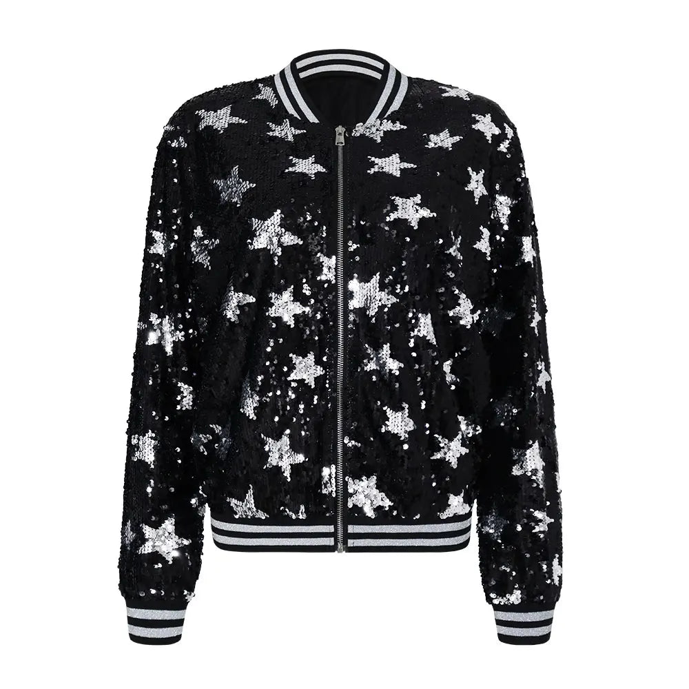 Women Bomber Gradient Color Sequins Baseball Jacket ong Sleeve Short Coats Elegant Solid Female Tops Female Ladies Office Wear