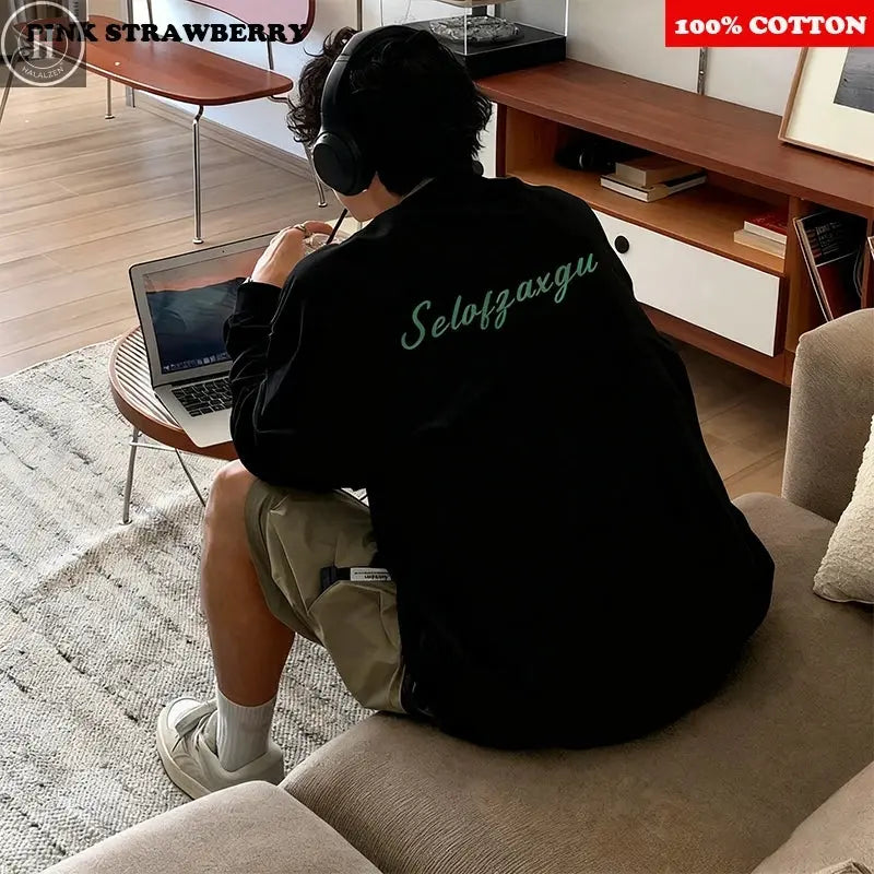 American Letter White T-shirt Men Autumn Winter 2025 New 100% Cotton Long sleeves Sport Gym T-shirt Loose Y2k Top men clothing HALALZEN