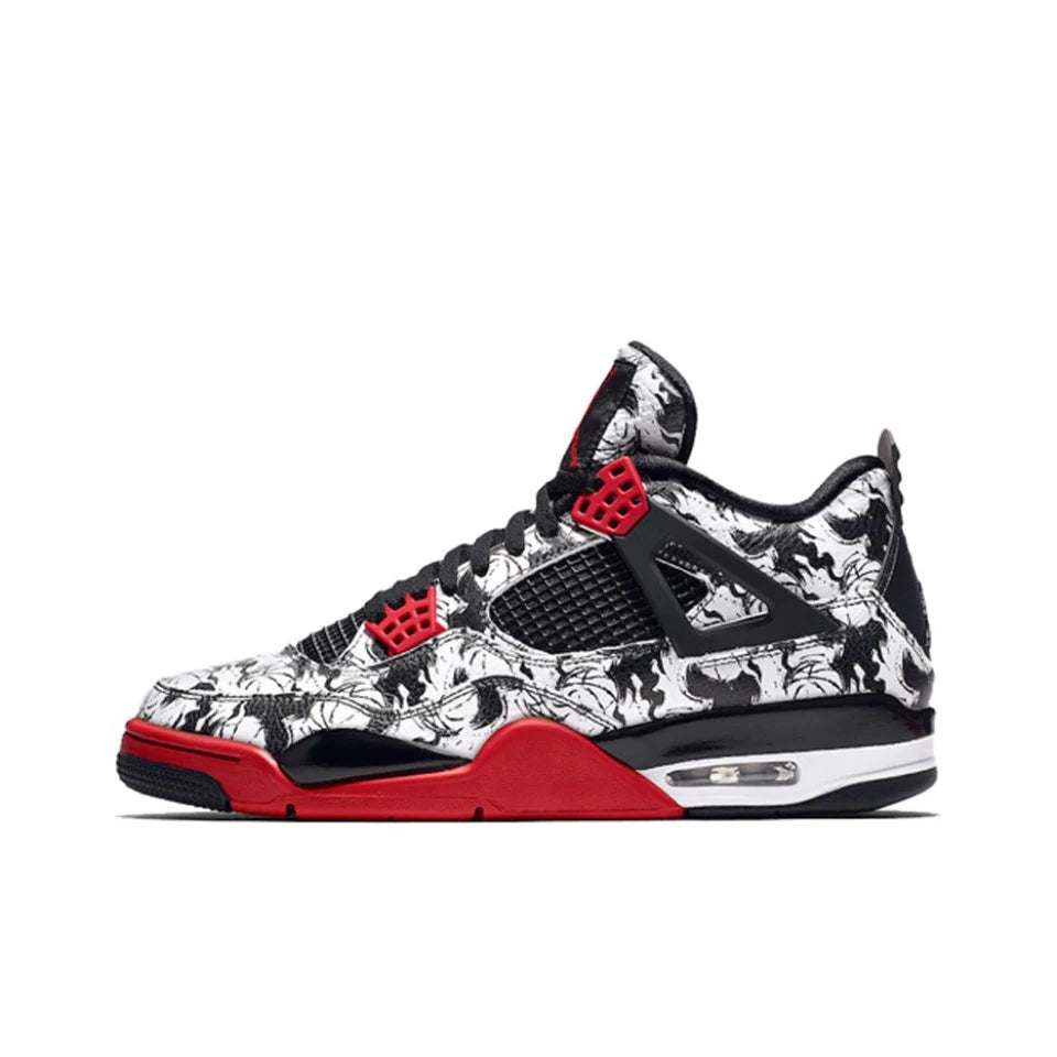 Original Air Jordan 4 "Tattoo" Comfortable Retro Basketball Shoes Men's White and Black and Red Sneakers BQ0897-006