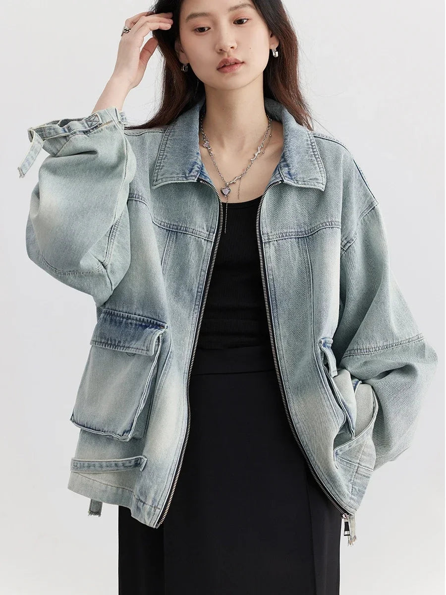 CHIC VEN Women Jacket Loose Casual Blue Cotton Denim Jack for Woman New outerwear Female Overcoat Cowboy Coat Spring Autumn 2024