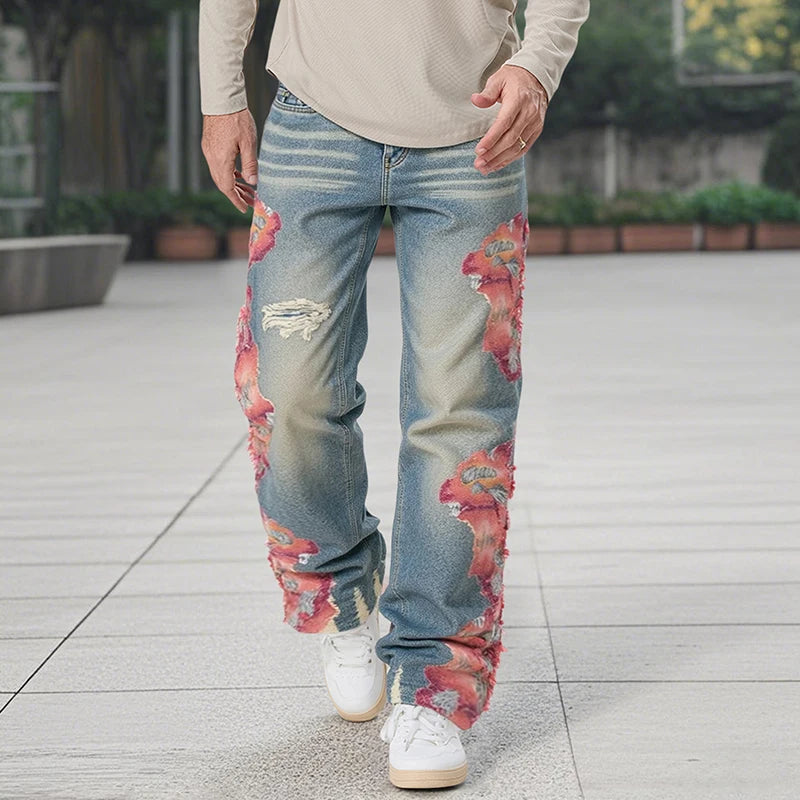 Men s Distressed Patchwork Denim Jeans with Pockets for Spring and Fall Fashion Casual Wear