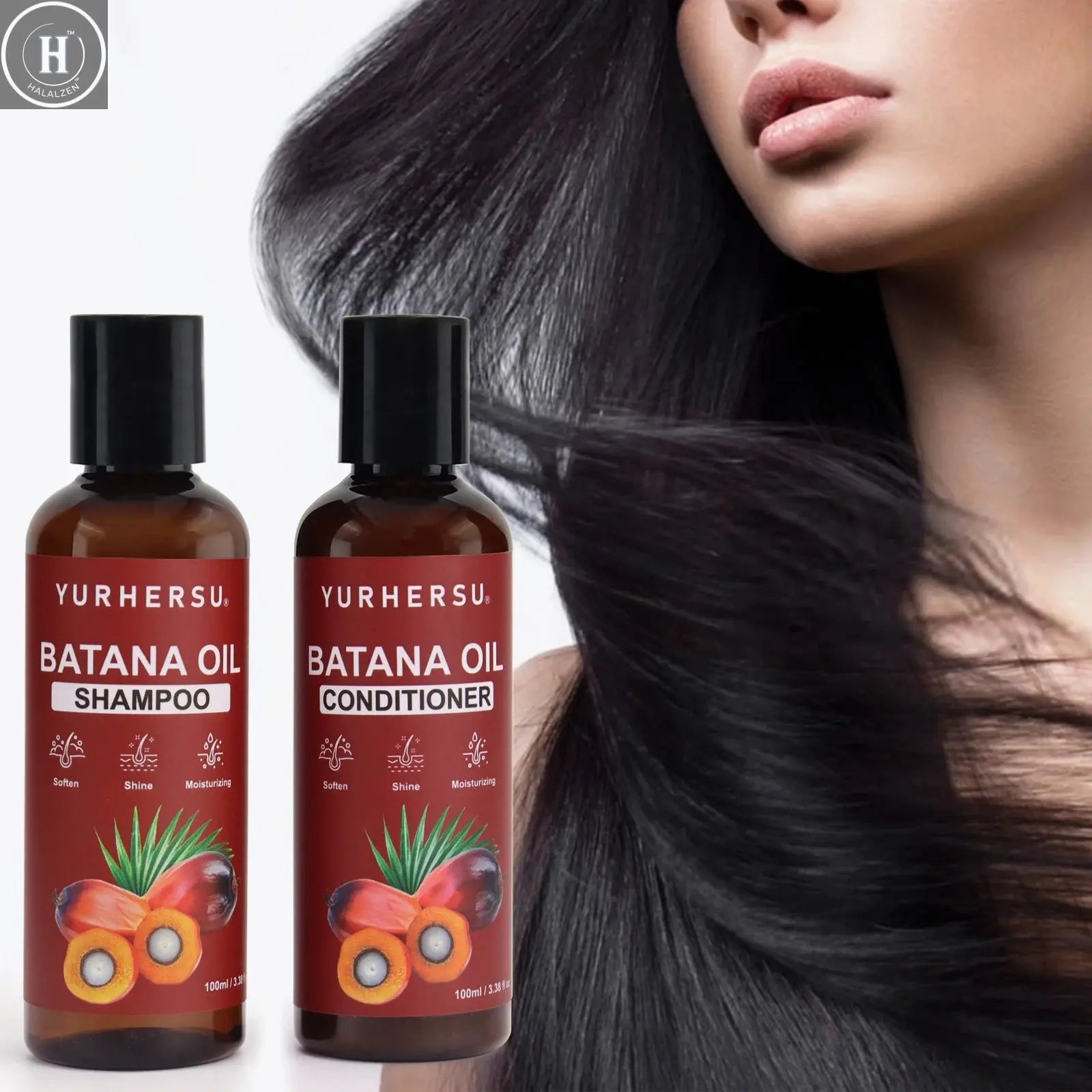 Batana Shampoo provides full shine and healthy hair care, contains Batana oil extract, and includes a cleansing conditioner HALALZEN