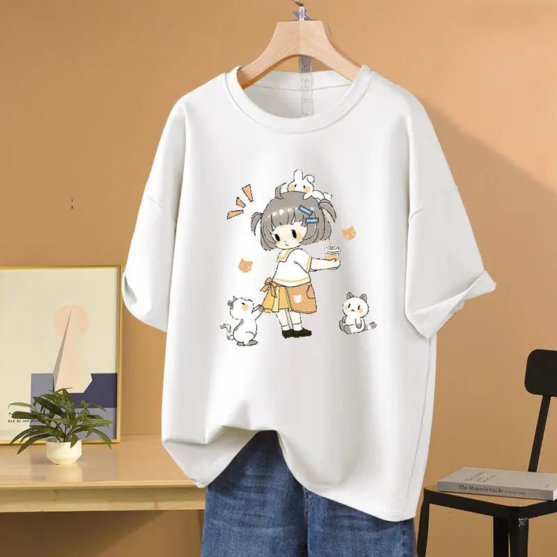 Summer Cartoon Printed T-shirt Loose Pure Cotton Short Sleeve O-neck Pullovers Women's Basic Casual Top Tees