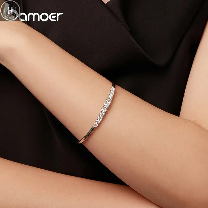 BAMOER 3.6CTTW Moissanite Bar Bracelet Adjustable Wrist Cuff Open Bangle 925 Sterling Silver for Women Wedding Gift Round Cut HALALZEN
