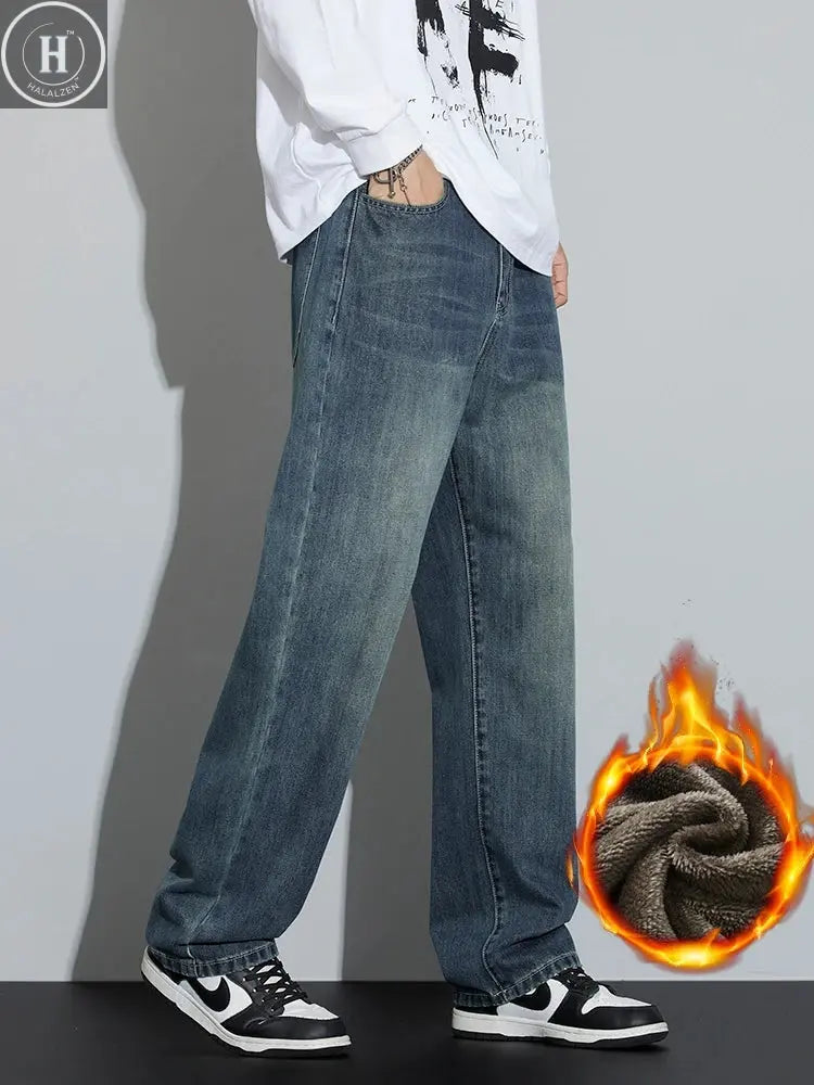 High Quality Winter Fleece Wide Legs Men's Jeans Warm Thickened Velvet Loose Straight Casual Denim Pants Korean Fashion Trousers HALALZEN