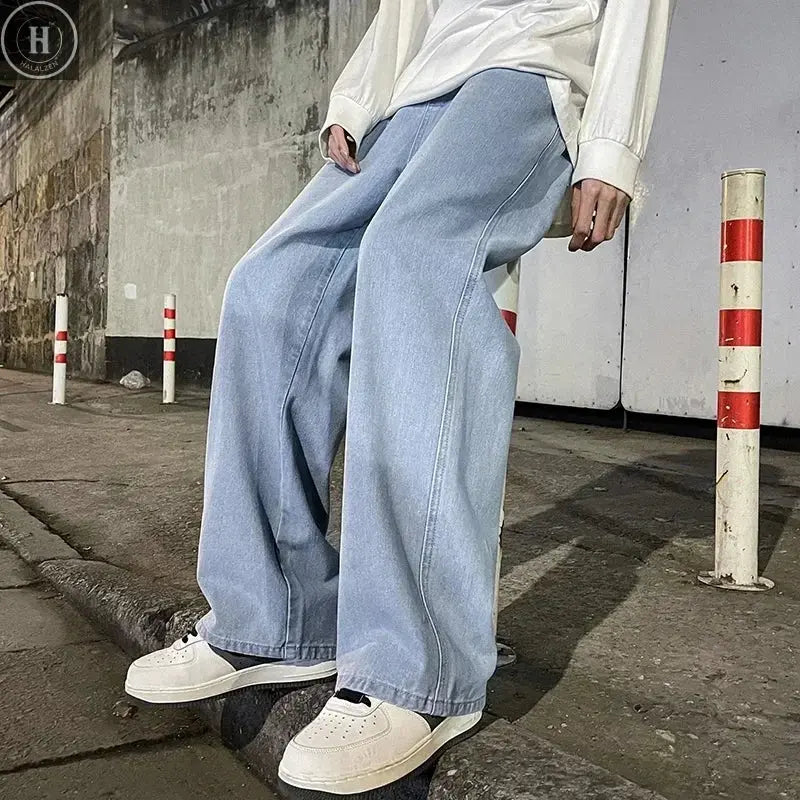 Korean Solid Colors Men's Casual Long Jeans Classic Man Four Seasons Straight Denim Wide-leg Pants Light Blue Grey Black 3XL Halalzen UK