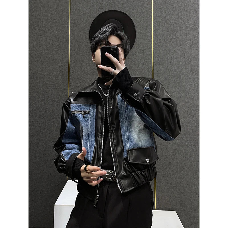 Retro Patchwork Leather Denim Jaet Men's Spring Autumn ort Sle Casual Top Korean Trend Brand Straight Hemline Zipper