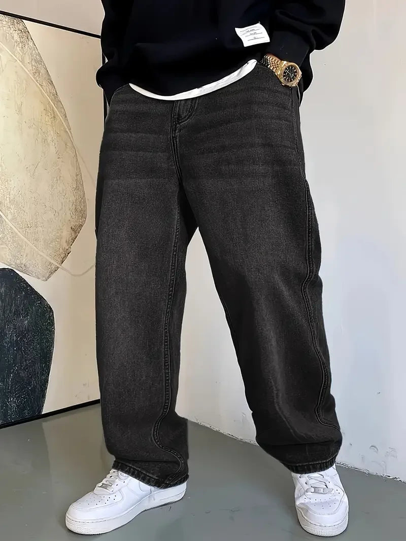 Mens' Fashionable Light Blue Straight Leg Jeans - Loose Fit, Casual Trend, Hip-Hop Street Dance Inspired, Skateboard Cycling Spo