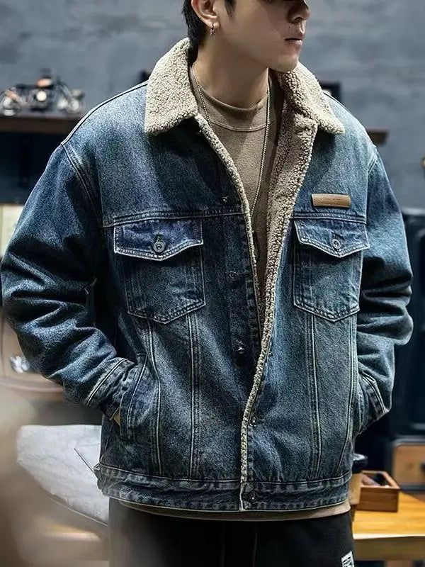 Men's Winter Thiened Lamb Velvet Cotton Jaet Casual Warm Workwear Denim Sle Coat with Inner Fce Collar Stand up Coat