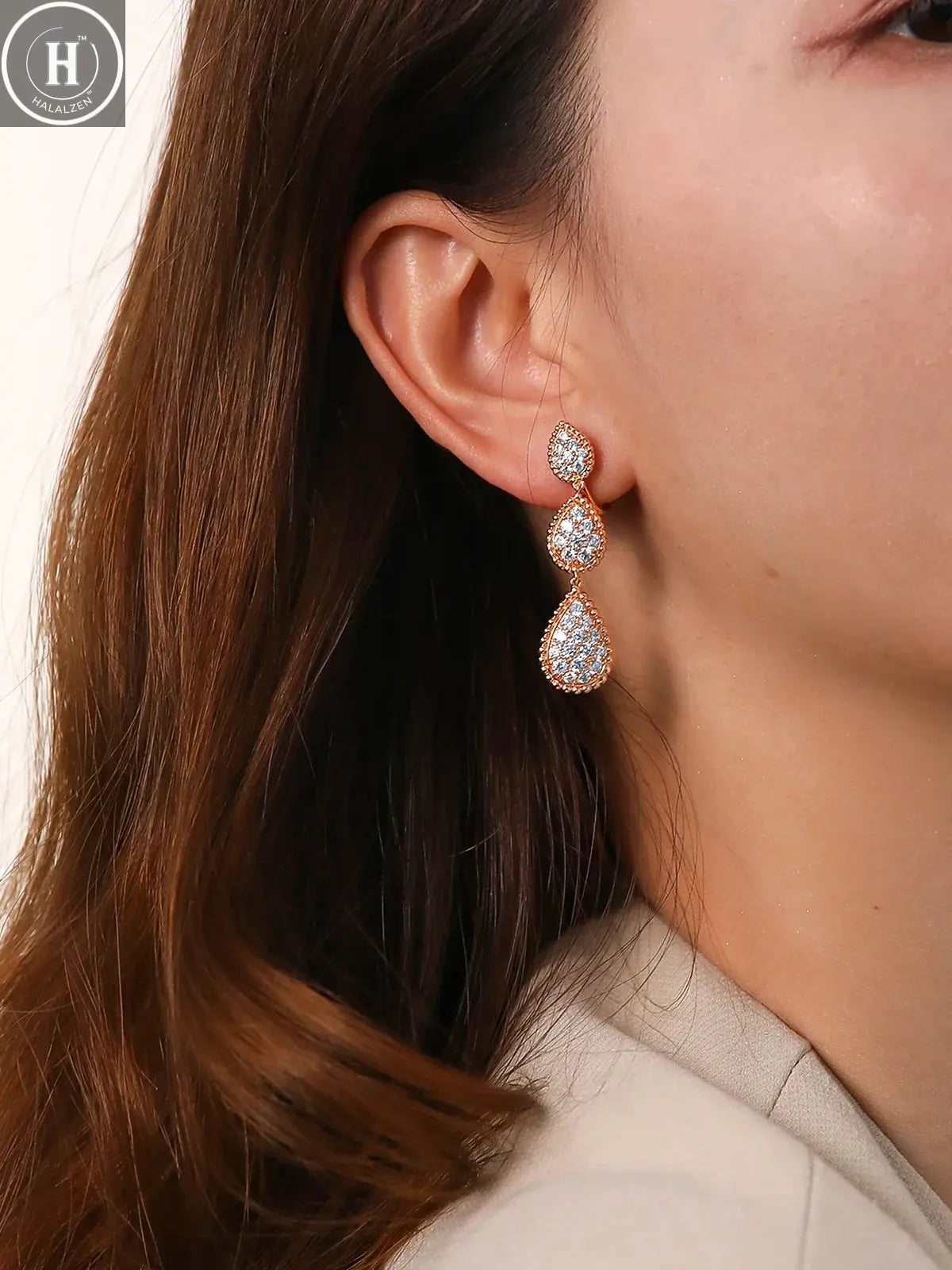 TYYL High Quality Classic 3 Water Drop Luxury Ear clip Drop Earrings Stud Party Wedding Long Earring Zircon Jewelry For Women HALALZEN