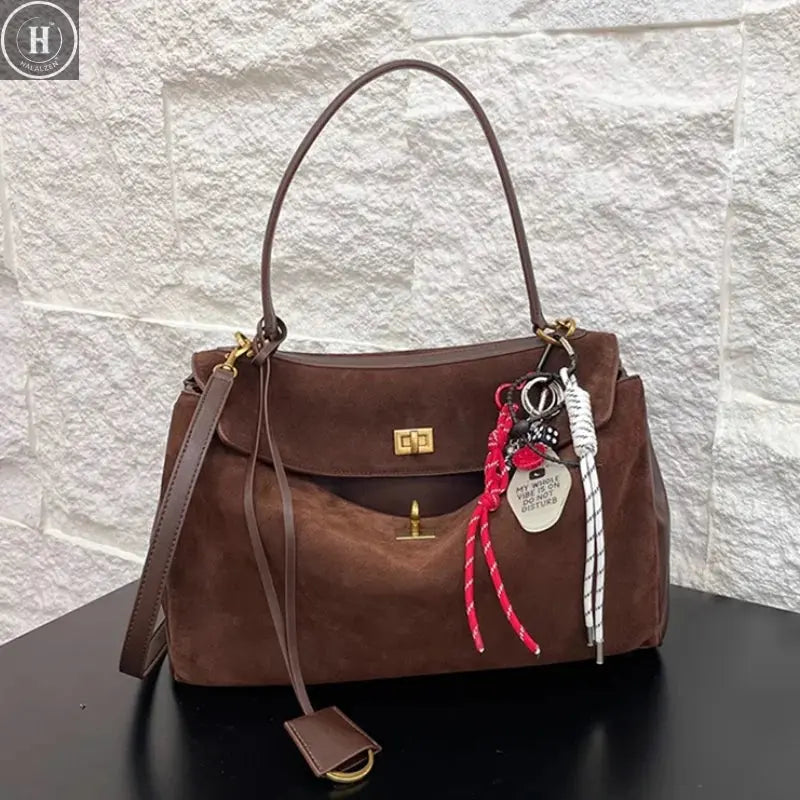 сумка через плечо женская Brand Texture Women's Luxury Brown Leather Gold Buckle Handheld Tote Bag Shoulder Bag Shoulder Bag HALALZEN
