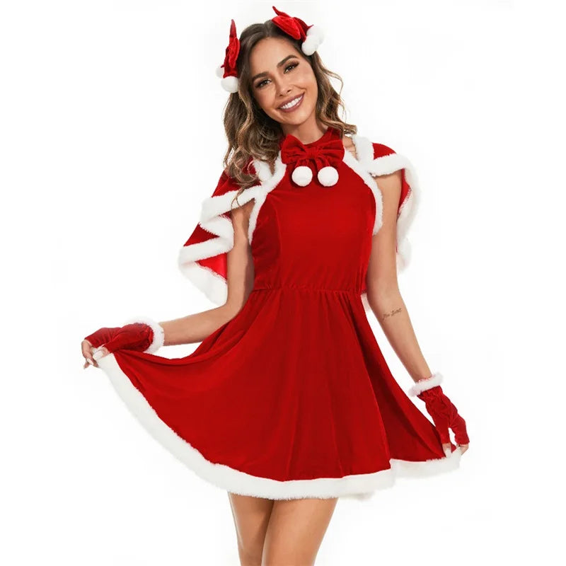 Christmas Costume Set for Women Adorable Dress with Matching Hair Clips Cape and Gloves - Perfect for Cosplay and