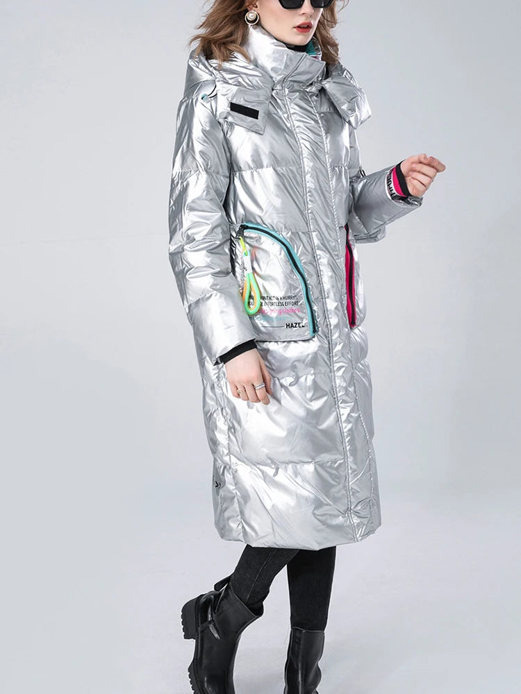 Winter Clothing Glossy Waterproof Coat Women Long 90% White Duck Down Coat Thick  Loose Outerwear Warm Down Jacket Hooded Parkas