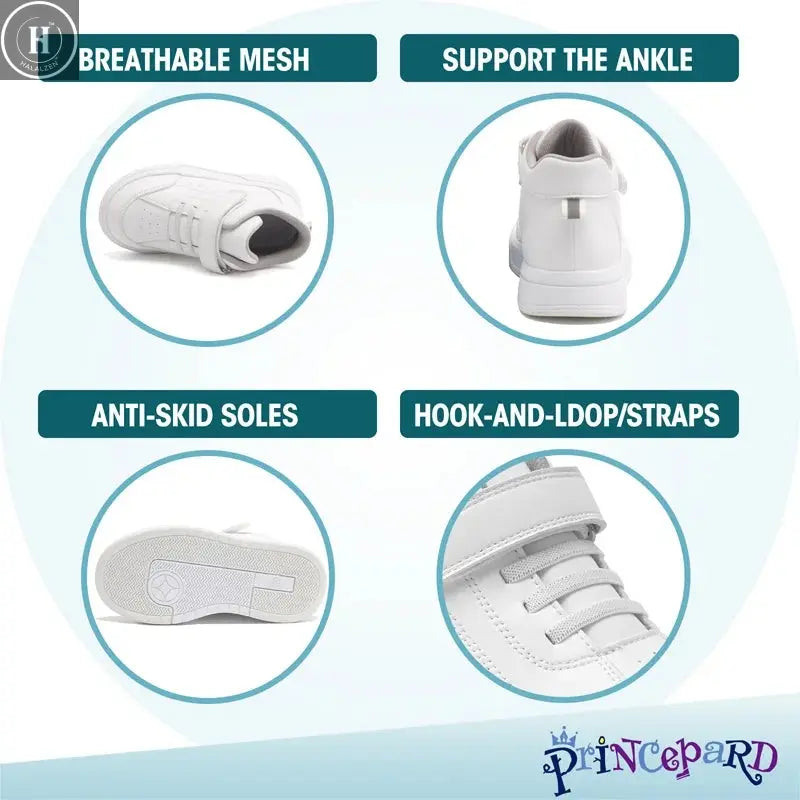 Princepard Orthopedic Kid Sneakers White Color Back to School Children's Casual Shoes for Girls Boys with High Top Arch Support Halalzen UK