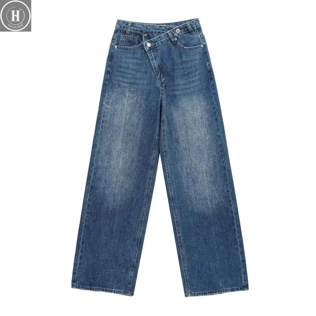 HH Women's Street Fashion Wide-leg Jeans Double-clad Pants With Pockets High Waist Solid Asymmetric Retro Straight Trousers Halalzen UK