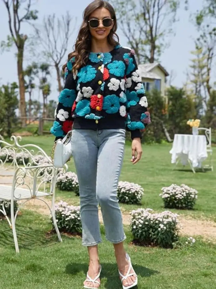 Wool Coats for Women Floral Puff Sleeve Embroidered Printing Short Fall Winter Jacket