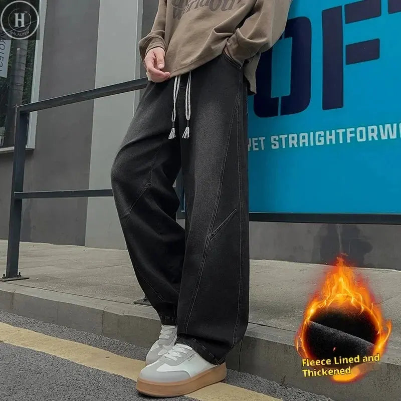 New Men's Fleece-Lined Wide-Leg Jeans Winter Vintage Washed Elastic Drawstring Waist Denim Trousers Men 8XL Loose Fit Jean Pants HALALZEN