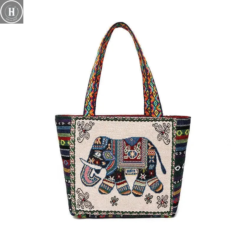 National Style Canvas Shopping Bags Thailand Bangkok Elephant Fashion Printing Tote Shoulder Bag Beautifully Sandy Handbags HALALZEN