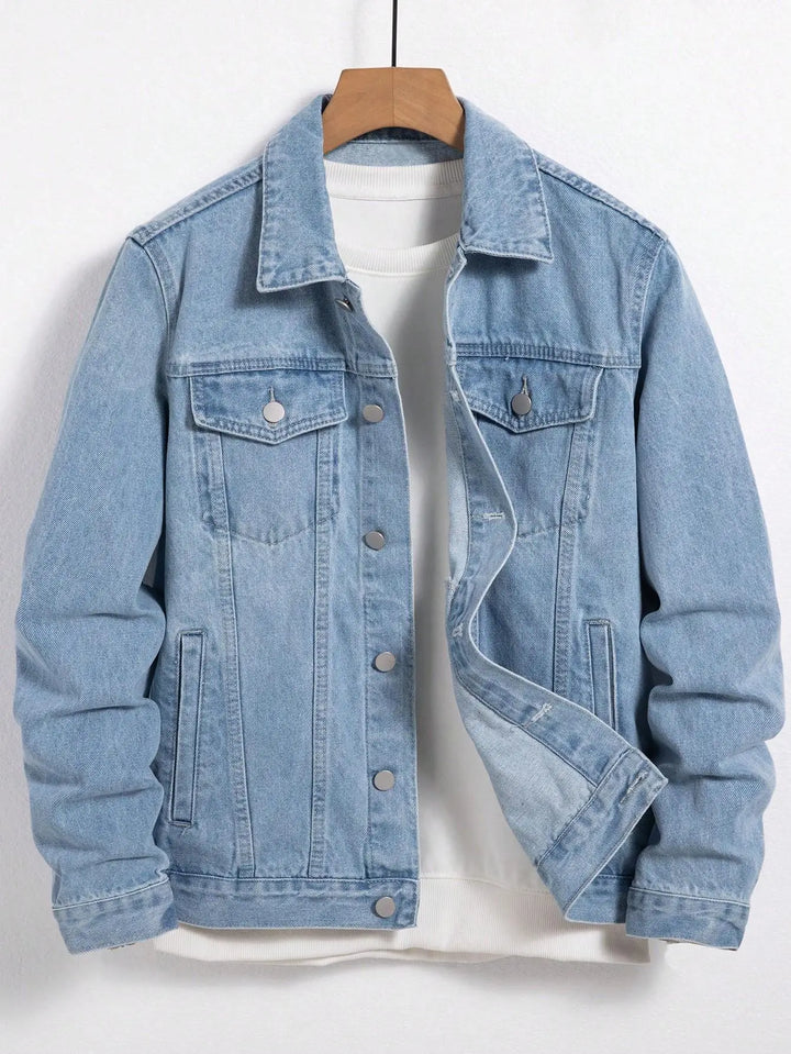 Men's denim jacket for spring and autumn. Blue denim coat. Daily casual wear. Fashion trend.