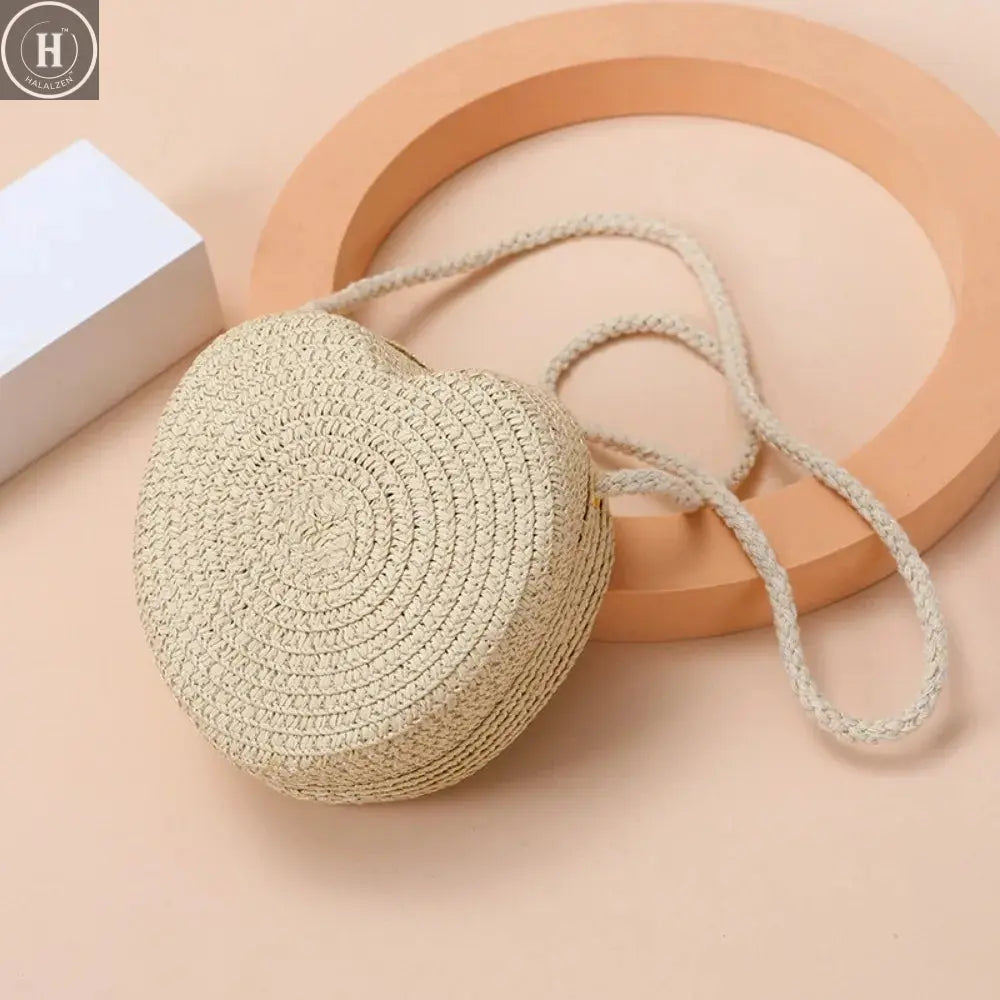 Children's Straw Shoulder Bags Beach Bag Coin Purse Kids Heart Shape Woven Crossbody Bag HALALZEN