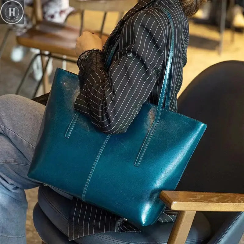 Burminsa Cowhide Genuine Leather Large Tote Bags For Women 2026 Luxury Designer Commuter Shoulder Bags Shopper Ladies Handbags HALALZEN