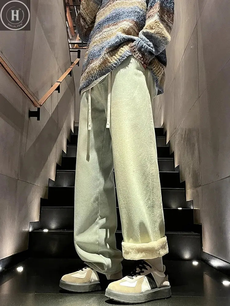 Winter Men's Jeans Korean Fashion Fleece Liner Thick Warm Straight Denim Pants Washed Cotton Retro Blue Wide Leg Jean Trousers HALALZEN