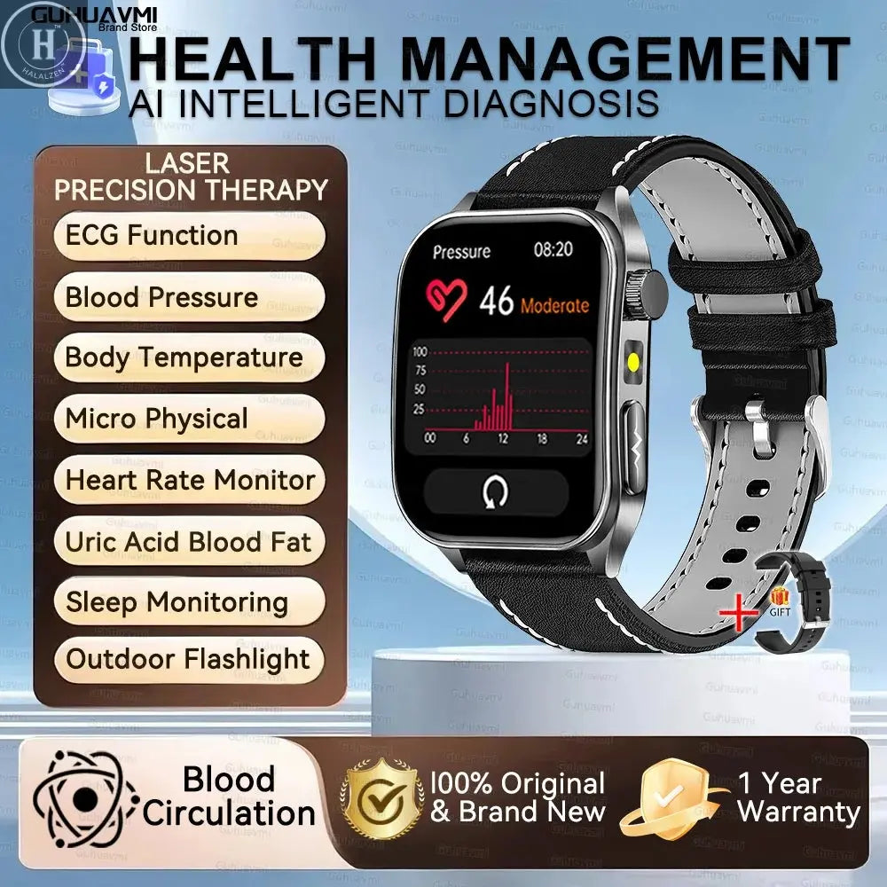 2026 New Health Smart Watch Laser Therapy Reduce Three Highs Blood Oxygen Pressure Uric Acid Blood Lipid ECG Smartwatch For Man HALALZEN