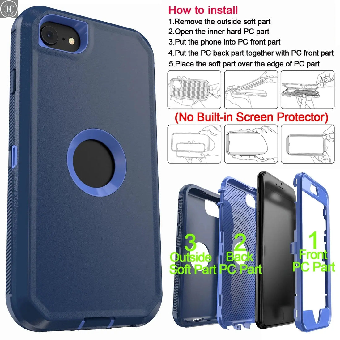 Blue Phone Case For iPhone SE 3rd (2022) For iPhone SE 2nd (2020) Heavy Duty Shockproof Rugged 3-Layers Hard Cover Halalzen UK