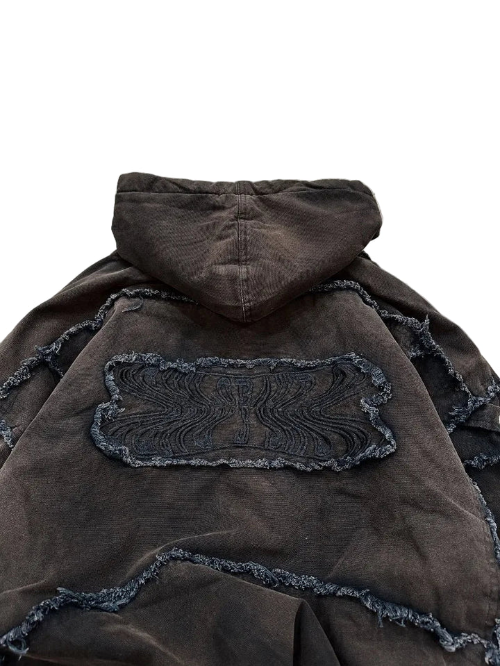 Punk High Street Clothing Destructive Style Sticker Zipper Sweatshirt Women Trendy Embroidered Whiskers Multi-pocket Hoodie Men