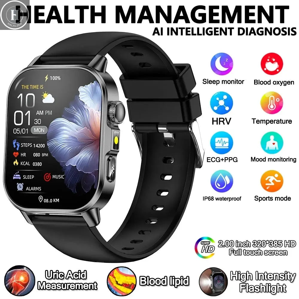 2026 New Model Uric Acid & Lipid Health Analysis Smart Watch Men ECG+PPG Bluetooth Call 2.01-inch Flashlight Smartwatch Women HALALZEN