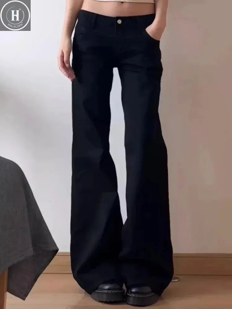 Plus Size American Style Spicy Girl Black Low Waist Wide Leg Micro Flared Jeans Women's Early Autumn Loose Fit Versatile Straigh Halalzen UK