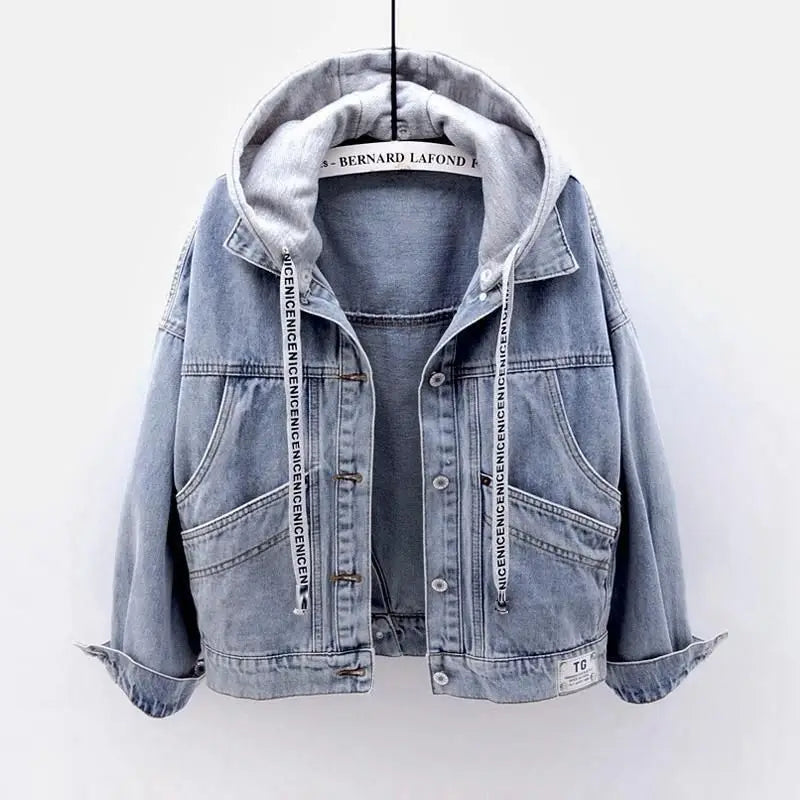 Korean Fashion Loose Denim Jacket Women 2025 Autumn Spring BF Patchwork Hooded Coats Streetwear Pocket Single Breasted Outerwear