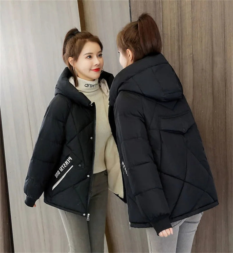 2024 New Autumn Winter Waterproof Windbreaker Puffer Jacket New Women Hooded Black Snow Parka Short Cotton Padded Jacket Coat